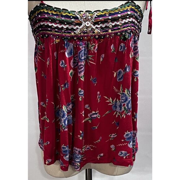 Free People Shoulder Ties Boho Red Multicolor Floral Sequin Beaded Tank Sz Med - Picture 2 of 16